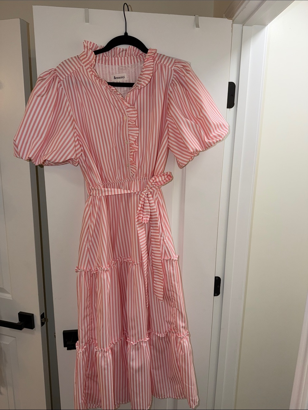 Rixo Pink Stripe Ruffle Midi Dress